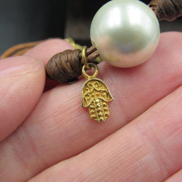 7" Sterling Silver & Leather Large Faux Pearl Bracelet Vintage - Picture 3 of 8